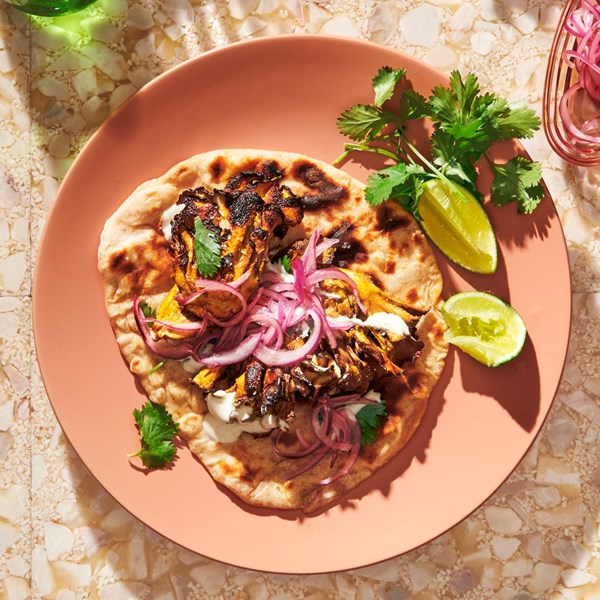 Yogurt-marinated mushrooms with flatbread