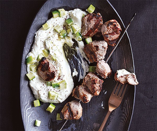 Yogurt-marinated pork kebabs with cucumber-lemon labneh