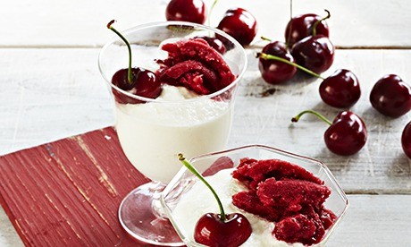 Yogurt mousse with cherry and pomegranate granita