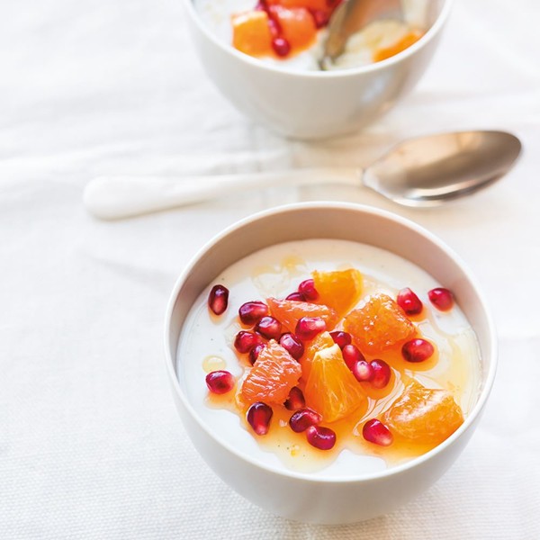 Yogurt panna cotta with orange-pomegranate compote