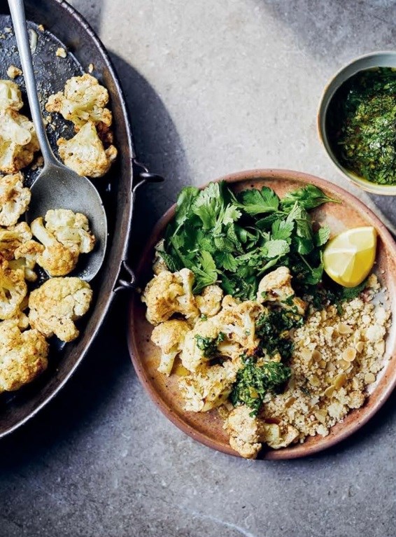 Yogurt-roasted cauliflower with green sauce and almond couscous