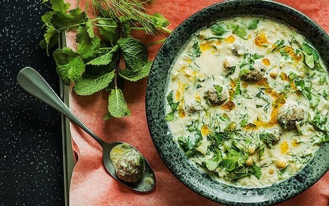 Yogurt soup with spiced lamb meatballs 