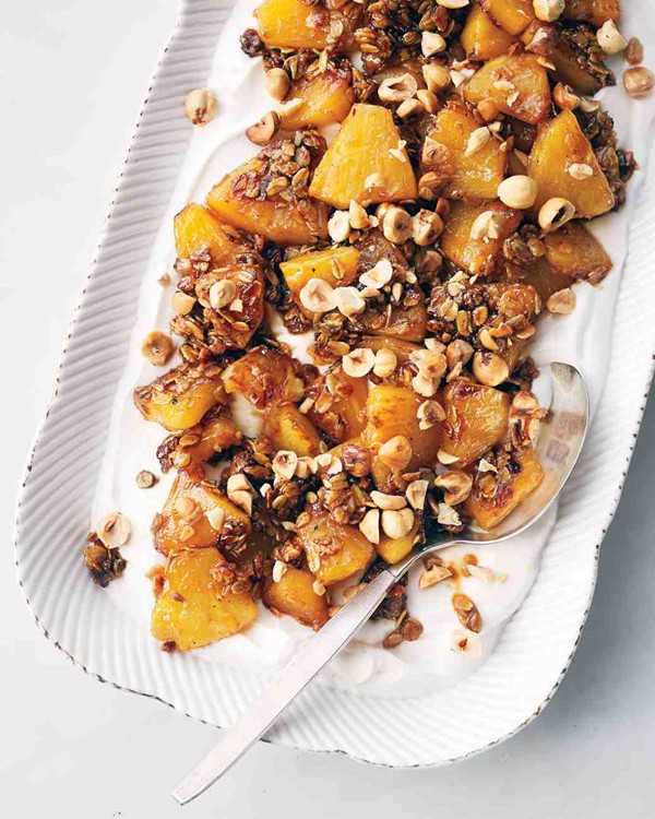 Yogurt with caramelized pineapple and hazelnuts