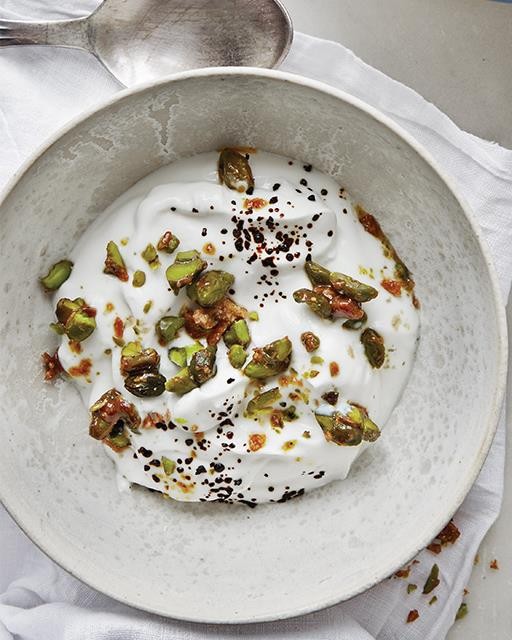 Yogurt with caramelized pistachios & raw licorice