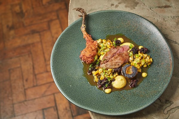 Yorkshire grouse with sweetcorn, black pudding and greengages
