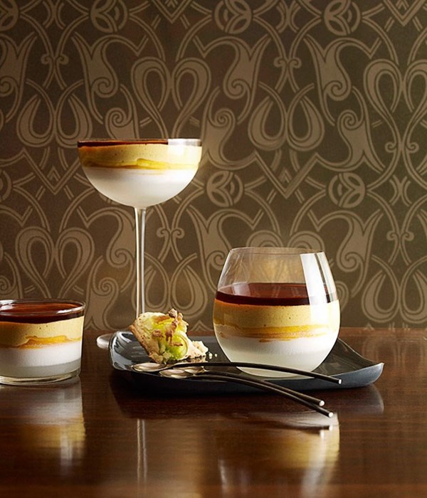 Young coconut jelly and burnt mango cream with pandanus macaroons