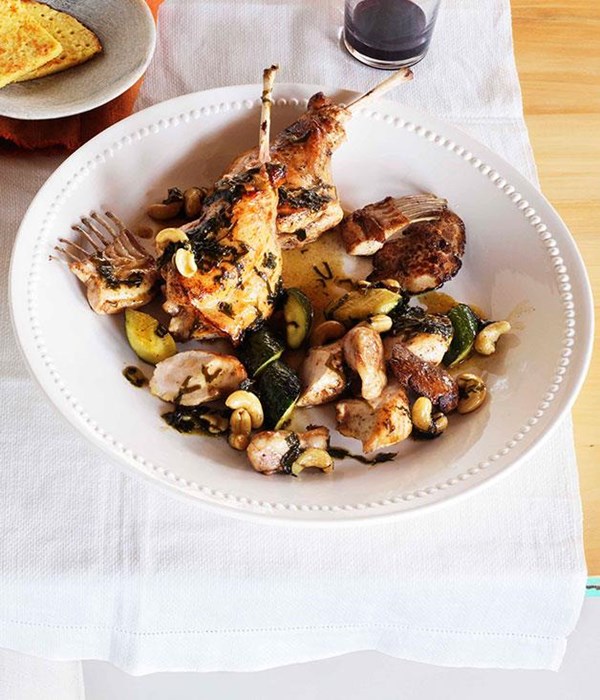 Young rabbit braised with wakame, cashews and zucchini