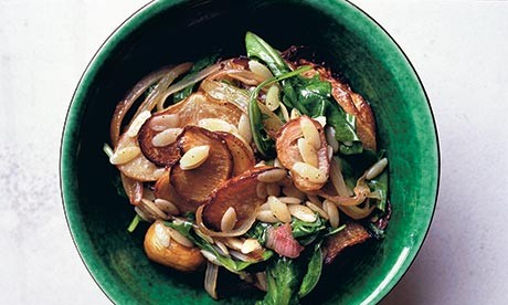 Young turnips with mushrooms and orzo