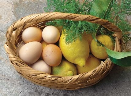 Youvarlakia with mushrooms, eggplant and walnuts in egg-and-lemon broth