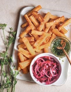 Yuca "fries" with beet slaw