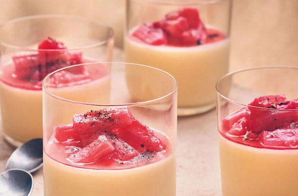Yuzu & stem ginger mousse with rhubarb compote