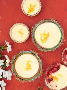Yuzu posset with raspberries, mint & candied yuzu 