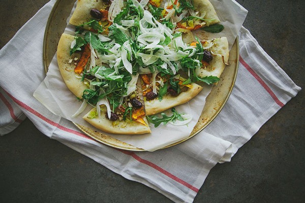 Za'atar carrot and leek flatbread with almonds and fennel salad