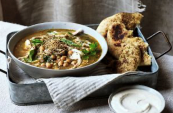 Za'atar chicken and freekeh broth with tahini yoghurt