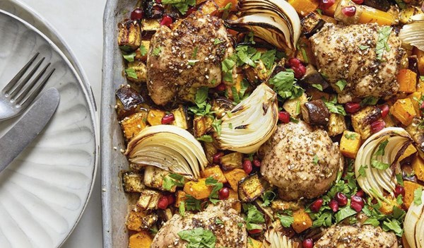 Za'atar chicken, aubergine & squash traybake