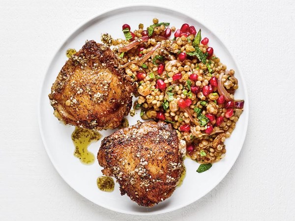 Za’atar chicken thighs with pearl couscous 