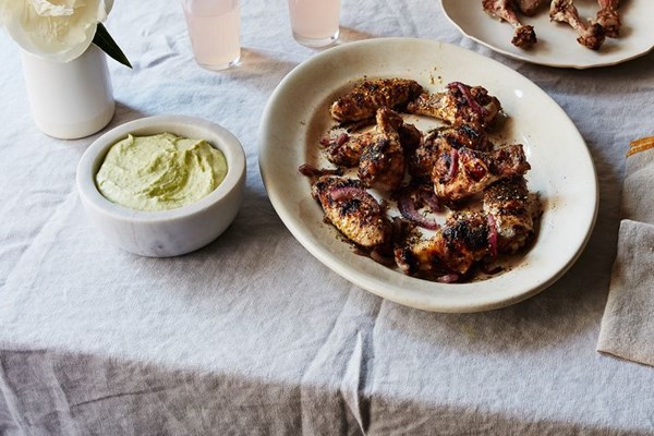 Za'atar grilled chicken wings with fava bean feta dip