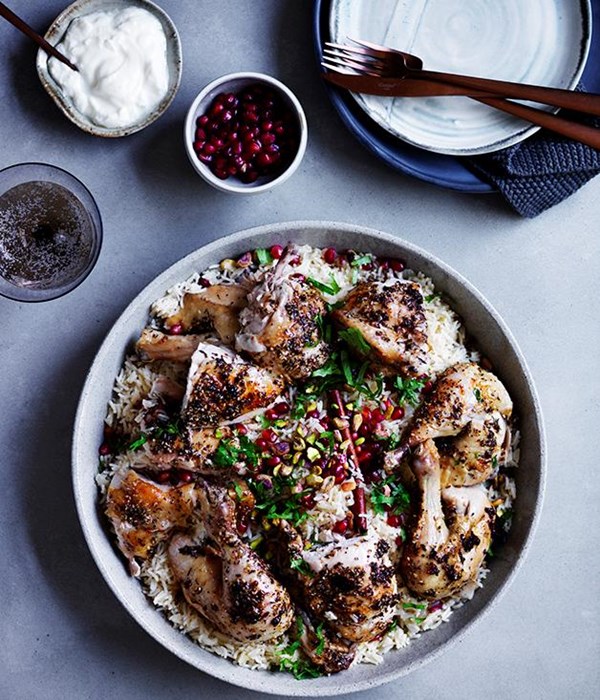 Za'atar roast chicken with pilaf, pomegranate and nuts