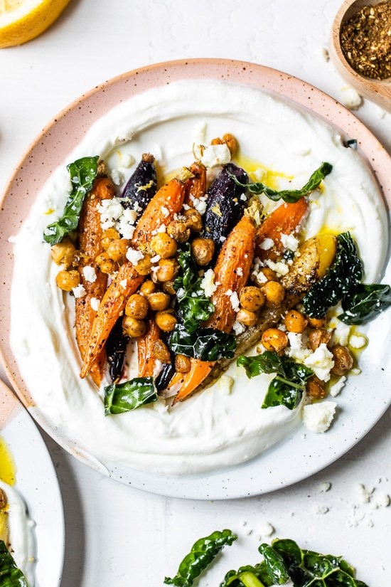 Za’atar roasted carrot and chickpea yogurt bowls