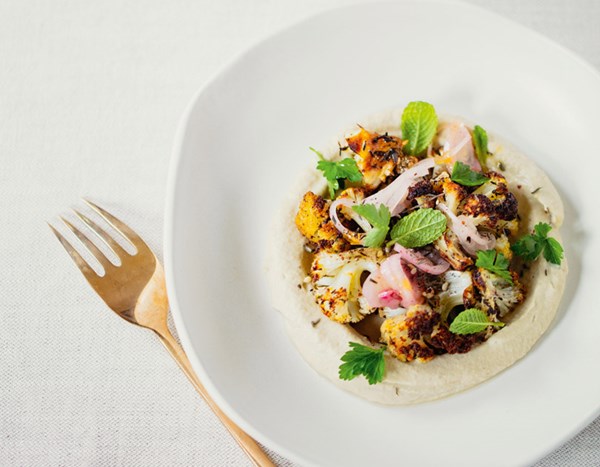 Za'atar-roasted cauliflower with babaganoush & pickled shallots