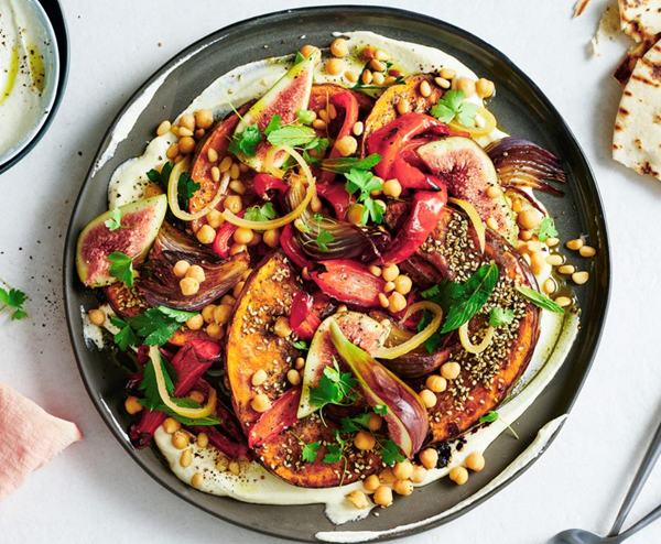 Za'atar roasted pumpkin and fig fatteh with whipped feta