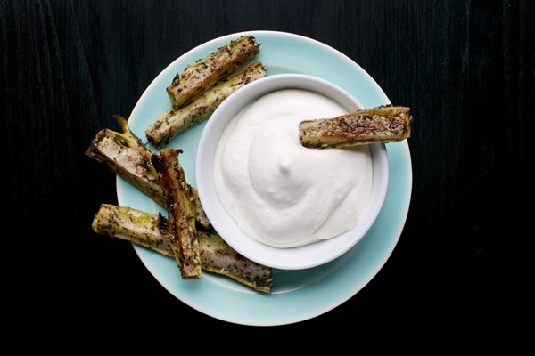 Za’atar-spiced broccoli stems with whipped feta