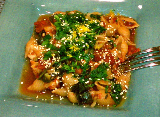Za'atar spiced fish pasta with spinach