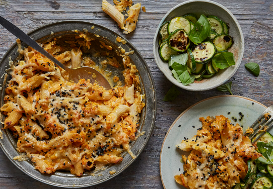 Zac 'n' cheese with basil courgettes