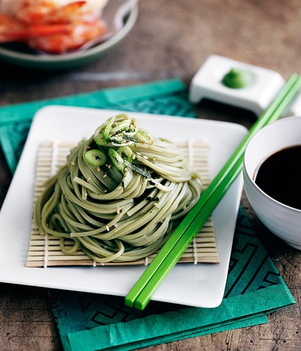 Zaru soba with tempura prawns
