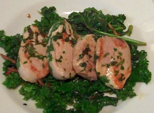Zesty coriander pork with stir-fried kale