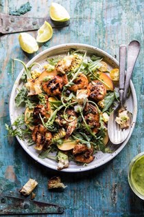 Zesty grilled shrimp, bread and sweet peach salad with avocado vinaigrette
