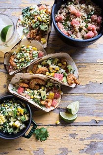 Zesty grilled shrimp tacos with south of the border corn and cotija salsa