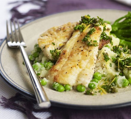 Zesty haddock with crushed potatoes and peas