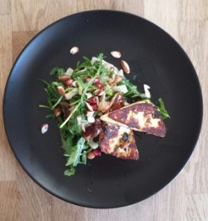 Zesty halloumi with fennel, rhubarb, and pomegranate salad