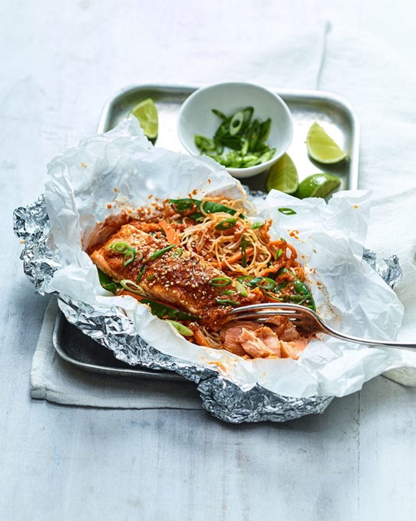 Zingy salmon and noodle parcels