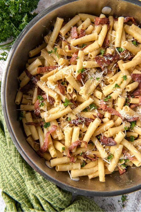 Ziti carbonara with salami