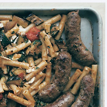 Ziti with grilled-gazpacho sauce and sausage