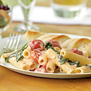 Ziti with spinach, cherry tomatoes, and Gorgonzola sauce