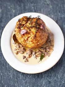Zombie brain (magnificent whole-roasted celeriac, mushroom sauce and barley)