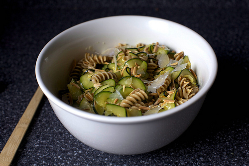Zucchini and almond pasta salad