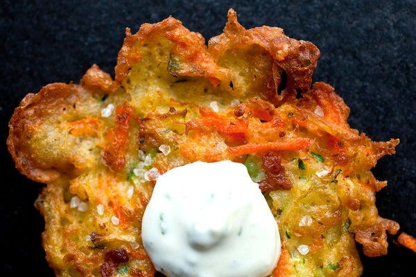 Zucchini and carrot fritters with yogurt-mint dip