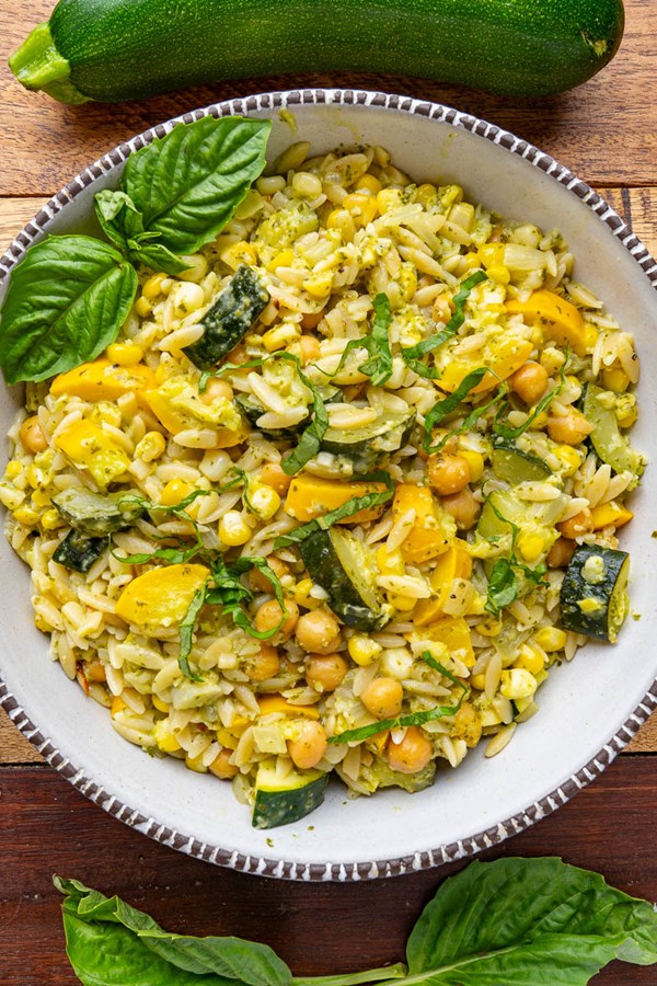 Zucchini and corn pesto orzo