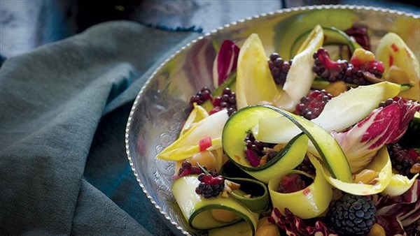 Zucchini and endive salad with broken blackberry-serrano vinaigrette