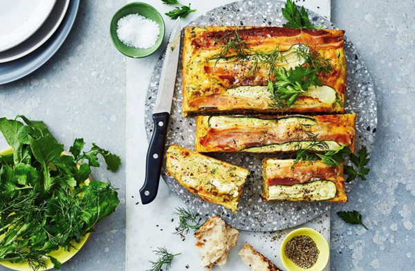 Zucchini and goat's cheese slice with pancetta