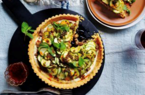 Zucchini and goat's cheese tart with spiced lamb