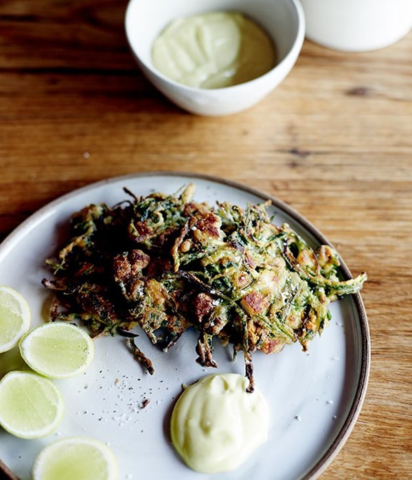 Zucchini and haloumi fritters with lemon mayonnaise