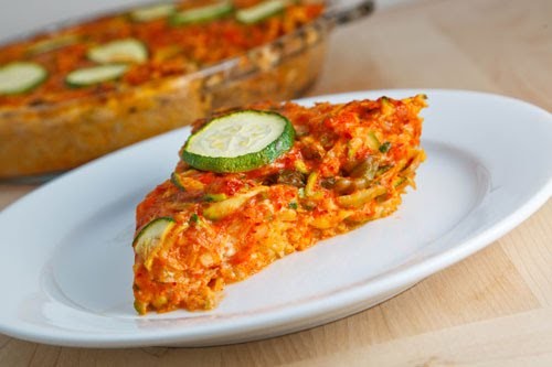 Zucchini and kimchi quiche with a brown rice crust