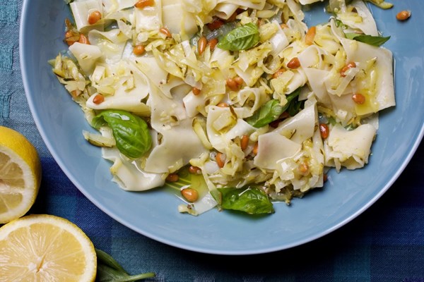 Zucchini and lemon pappardelle with pine nuts