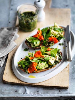 Zucchini and mint salad with pecorino pesto on bruschetta