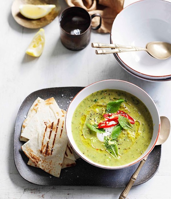 Zucchini and mint soup with grilled flatbread